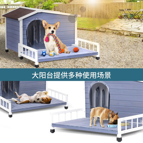 Large Wooden Dog House Indoor Outdoor With Terrace And Open Waterproof Asphalt Roof, Outdoor Dog House With Raised Floor, Windows And Door Curtains, Suitable For Small And Medium Dogs - Gray - Furniture Home Direct