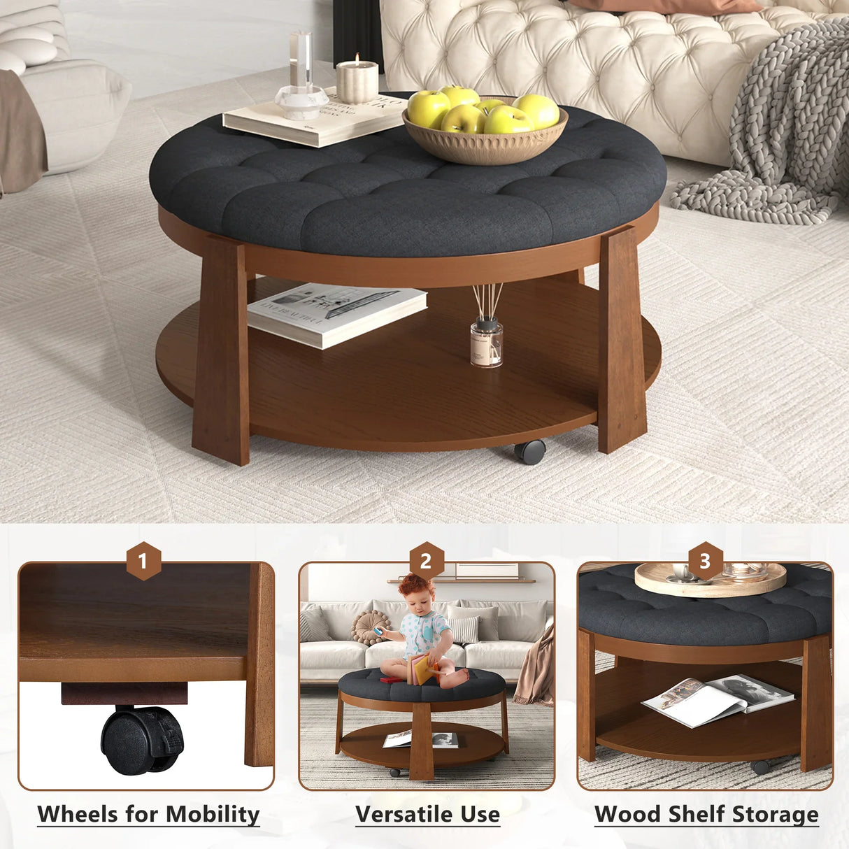 Round Ottoman Coffee Table Oversized Tufted Wood Base Black - Furniture Home Direct