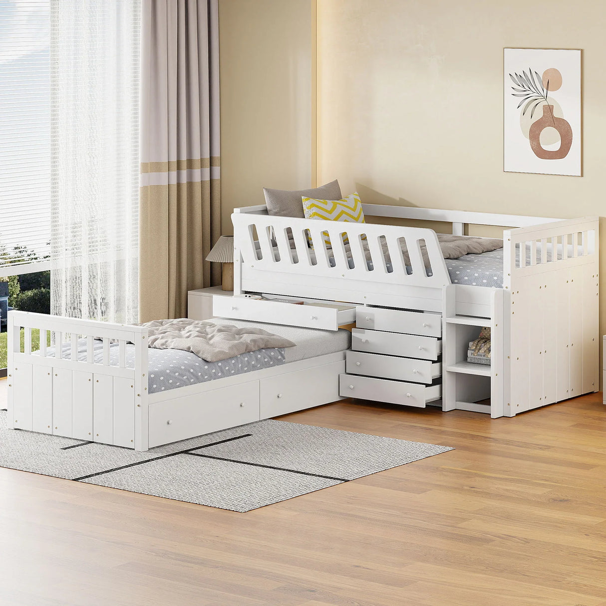 Loft Platform Bed With 7 Drawers And Full Guardrails, Modern L Shaped Space Savin - Furniture Home Direct