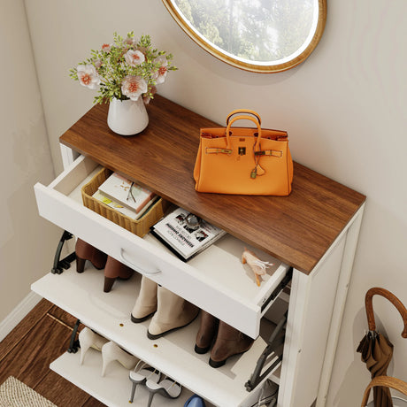 Slim Shoe Cabinet with 2 Flip Drawers - white and Walnut - Furniture Home Direct