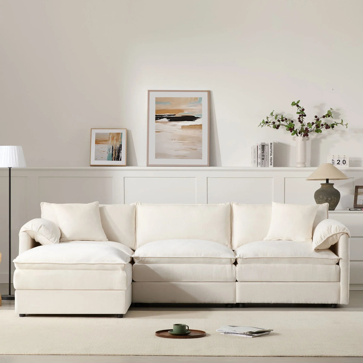 Modular Sectional With Deep And Wide Seat, Cloud Couch Set With Double Cushions Sofa With Movable Ottoman - Furniture Home Direct