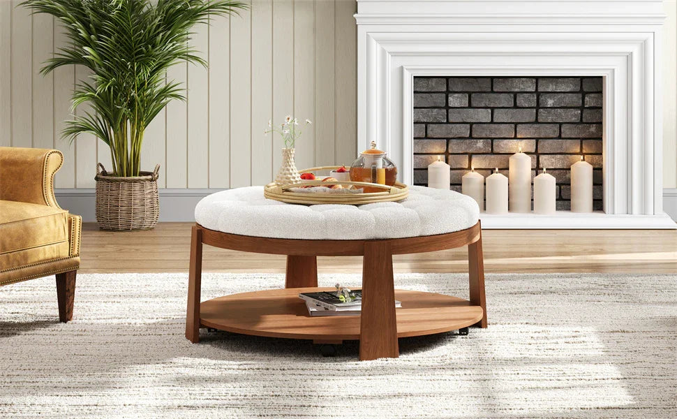 Round Ottoman Coffee Table with Upholstered Top Ivory White - Furniture Home Direct