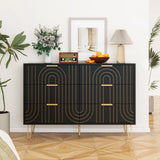 Modern 6 Drawer Dresser, Modern Dresser With Metal Handles, Storage Chest Of Drawer, Wide Dresser Drawer Organizers With Carving Design For Bedroom, Living Room, Hallway - Black - Furniture Home Direct