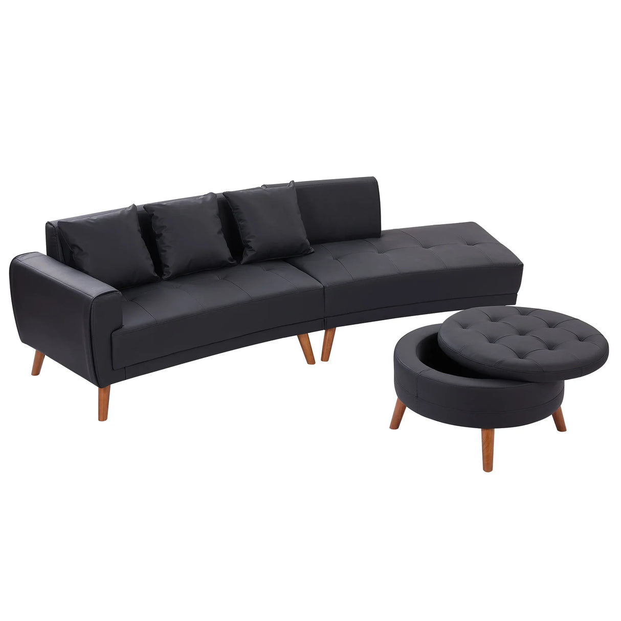 107 Inch Black Sectional With Round Storage Ottoman - Furniture Home Direct