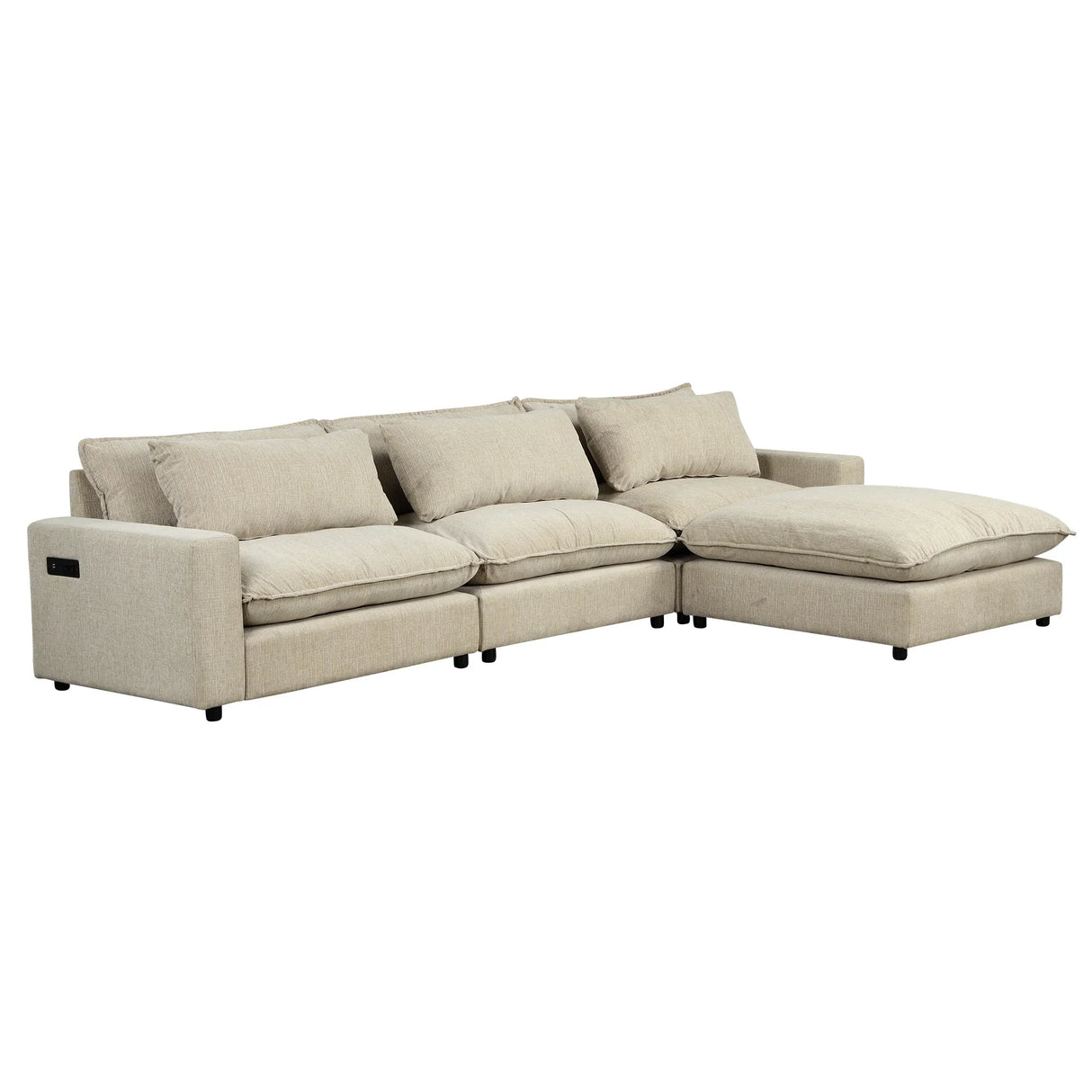 Cloud Sectional with Ottoman, Charging Ports and Three Back Pillows - Beige - Furniture Home Direct