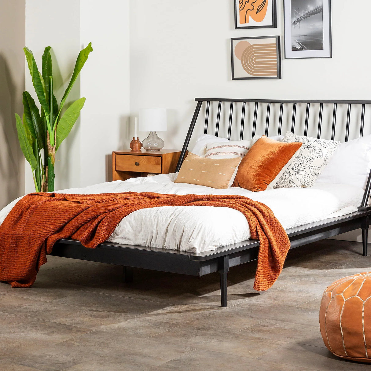 Mid-Century Modern Solid Wood Platform Bed Frame With Spindle Headboard - Furniture Home Direct