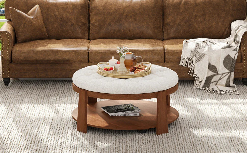 Round Ottoman Coffee Table with Upholstered Top Ivory White - Furniture Home Direct