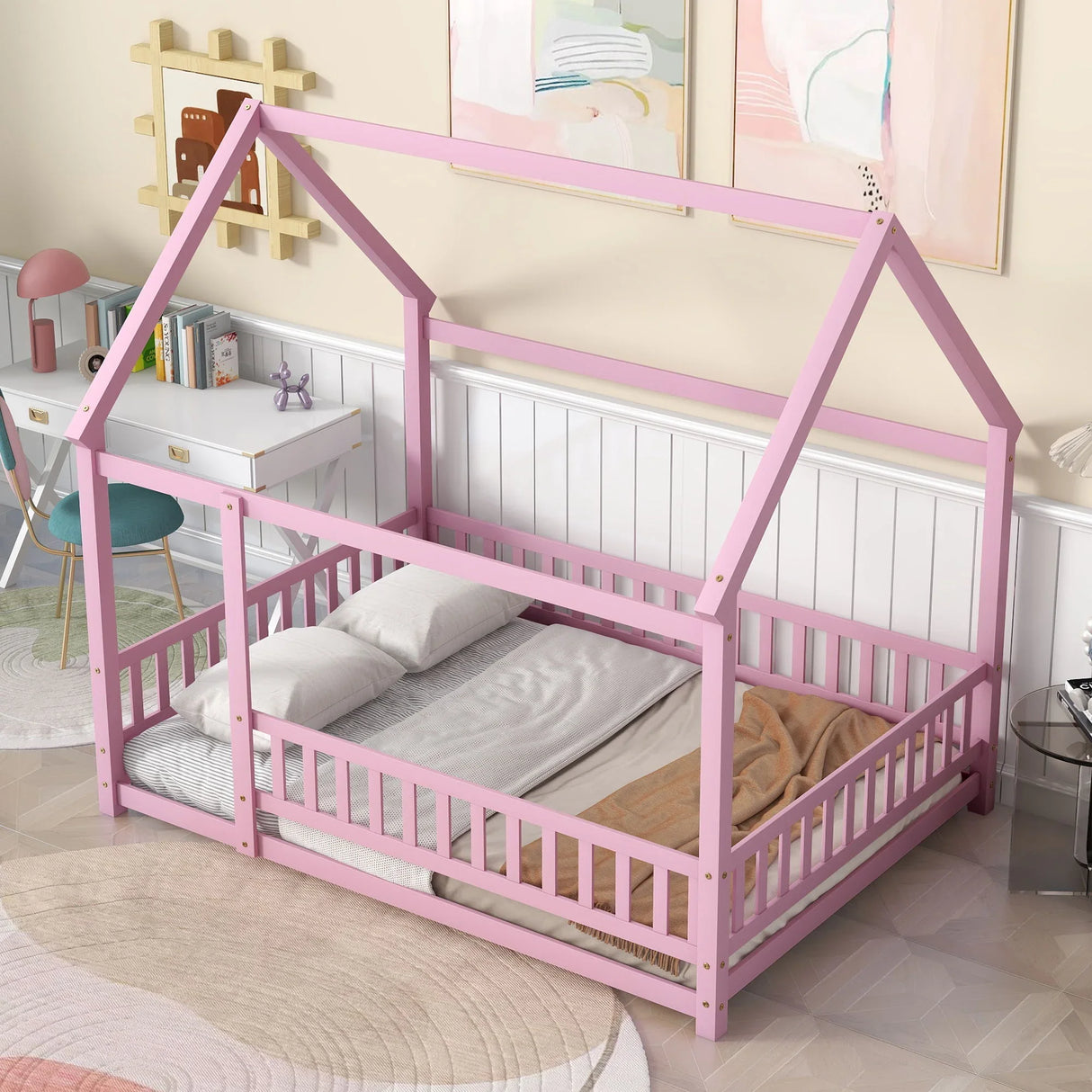 Floor Wooden Bed With House Roof Frame, Fence Guardrails - Furniture Home Direct