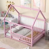 Floor Wooden Bed With House Roof Frame, Fence Guardrails - Furniture Home Direct