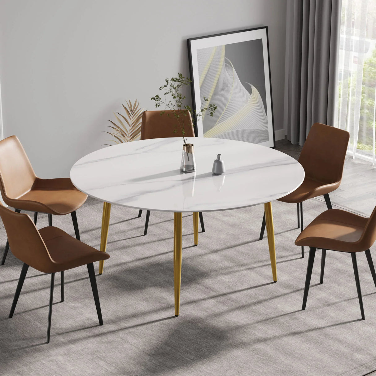 Modern Man-Made Stone Round Metal Dining Table-Position For 6 People - Furniture Home Direct