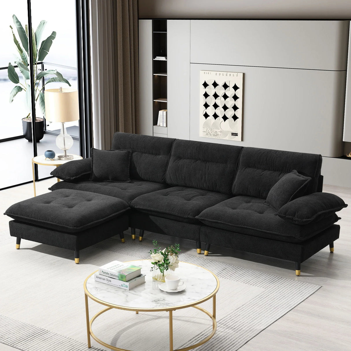 L Shaped Convertible Sectional Sofa 4 Seat Tufted Couch Set With Two Tone Adjust Legs Cloud Movable Ottoman - Furniture Home Direct