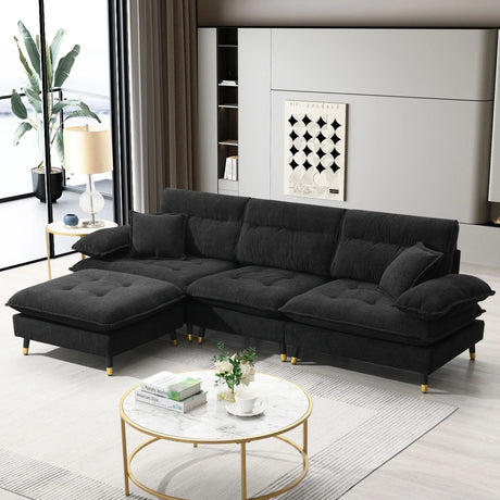 L Shaped Convertible Sectional Sofa 4 Seat Tufted Couch Set With Two Tone Adjust Legs Cloud Movable Ottoman - Furniture Home Direct