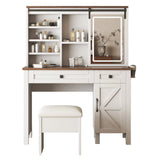 Rustic Farmhouse Makeup Vanity Desk With Sliding Mirror, LED Lights, And Charging Socket - White - Furniture Home Direct