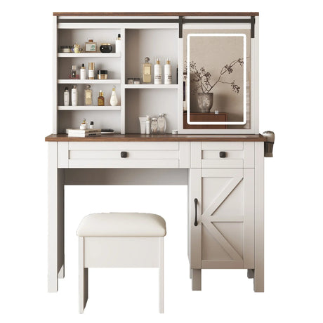 Rustic Farmhouse Makeup Vanity Desk With Sliding Mirror, LED Lights, And Charging Socket - White - Furniture Home Direct