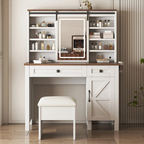 Vanity Desk With Sliding Mirror And LED Lights White - Furniture Home Direct
