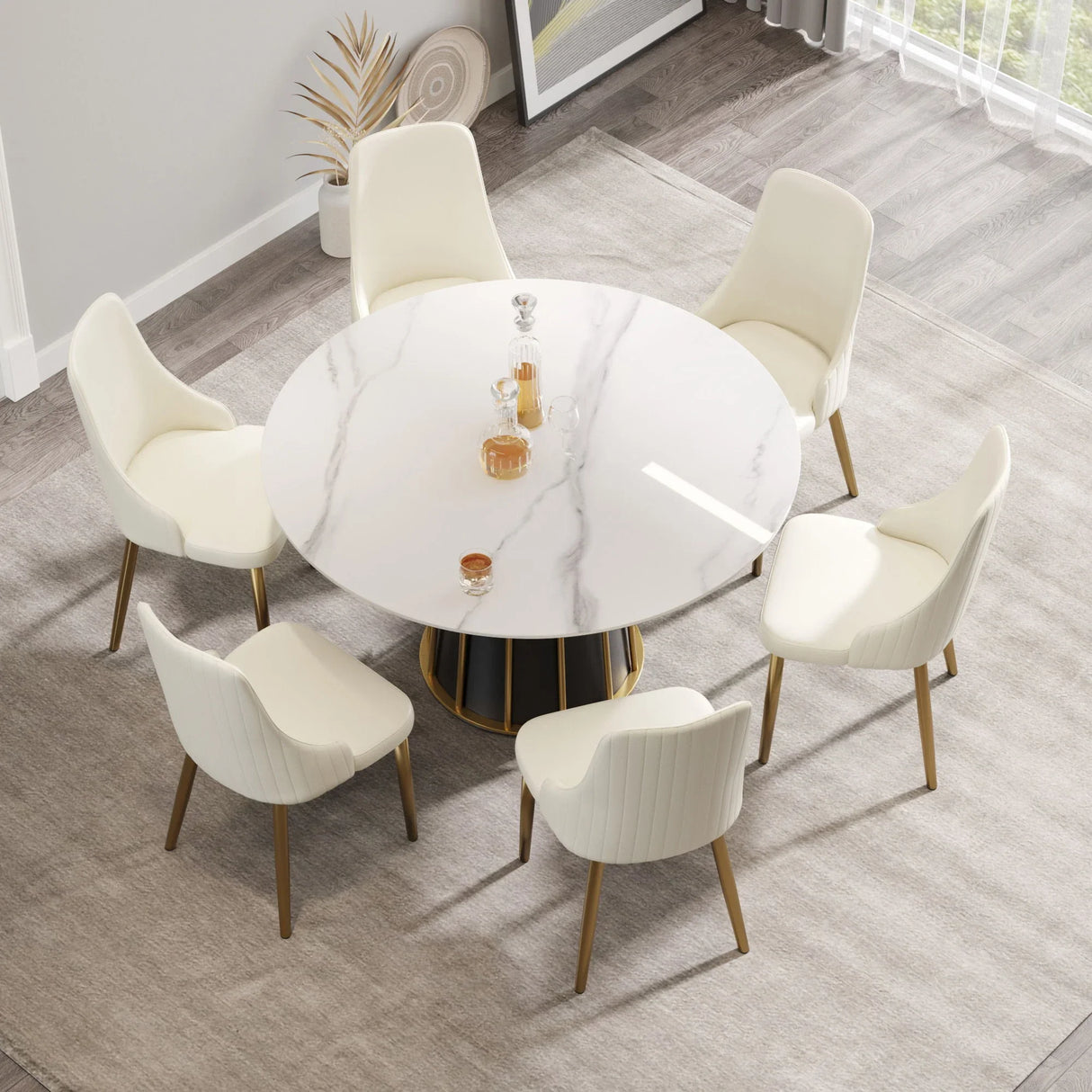 53.15" Modern Artificial Stone Round Panel Metal Iron Base Dining Table, Can Accommodate 6 People, (Not Including Chairs) - White / Black - Furniture Home Direct