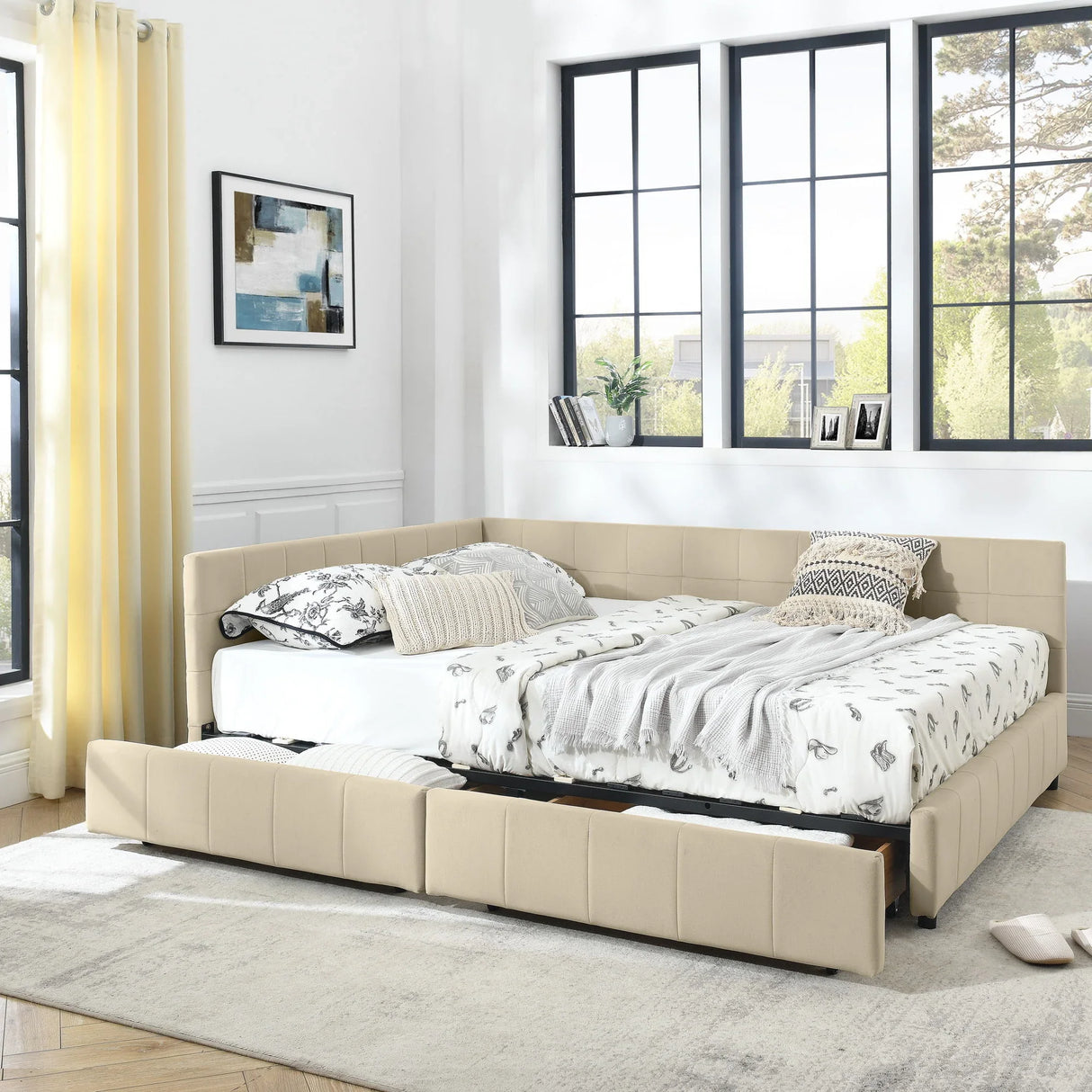 Mid-Century Storage Upholstered Tufted Bed Frame With Backrest And Armrests - Furniture Home Direct