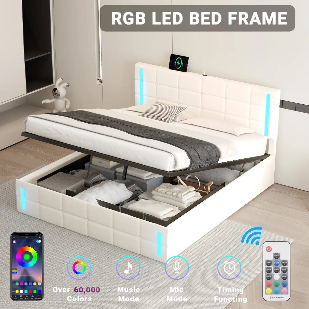 Storage Bed With LED Lights And Hydraulic Lift White - Furniture Home Direct