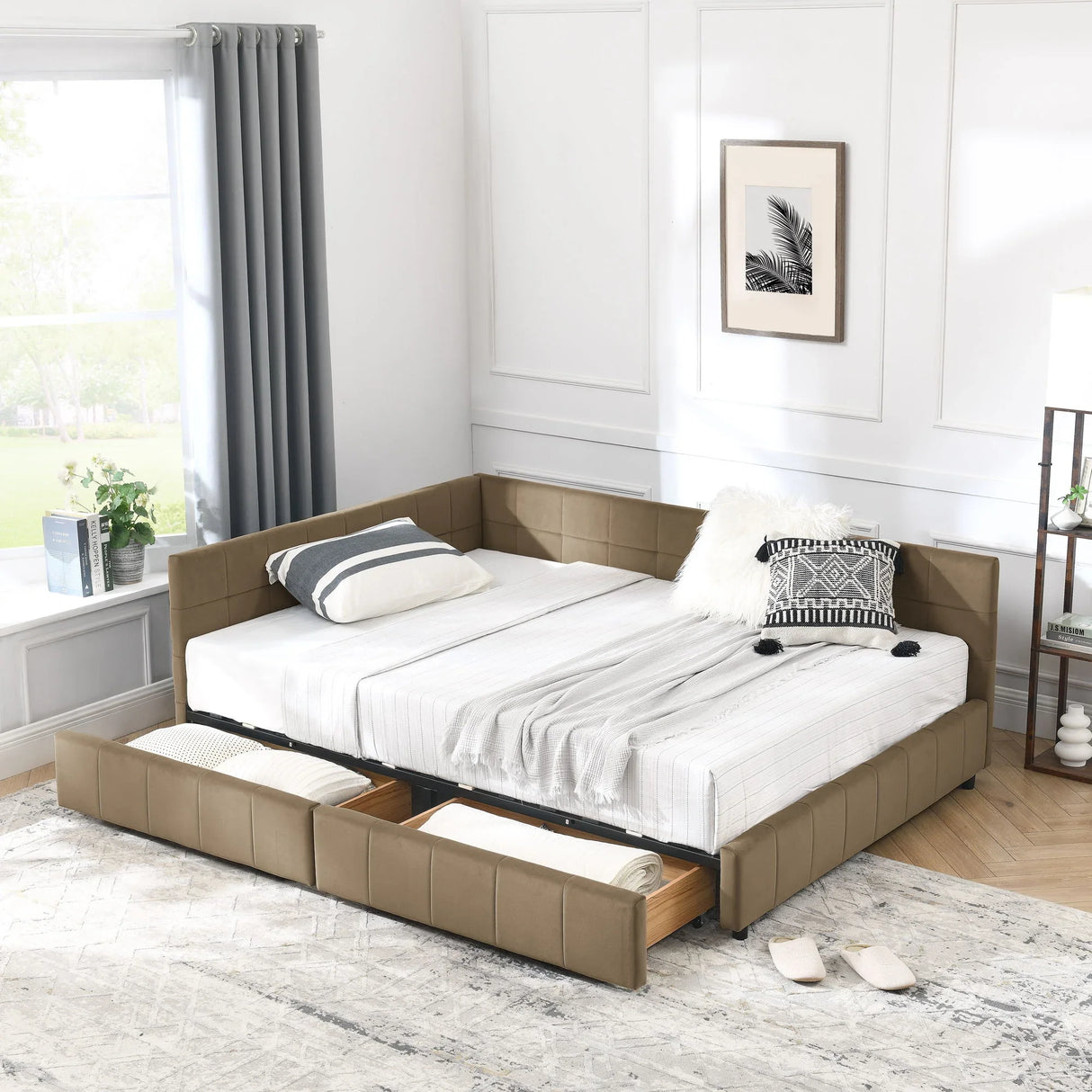 Mid-Century Storage Upholstered Tufted Bed Frame With Backrest And Armrests - Furniture Home Direct