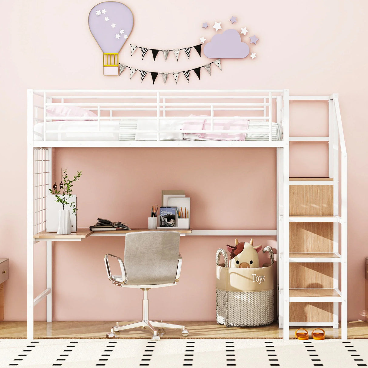 Loft Bed With Desk And Grid, Stylish Frame With Lateral Storage Ladder And Wardrobe - Furniture Home Direct