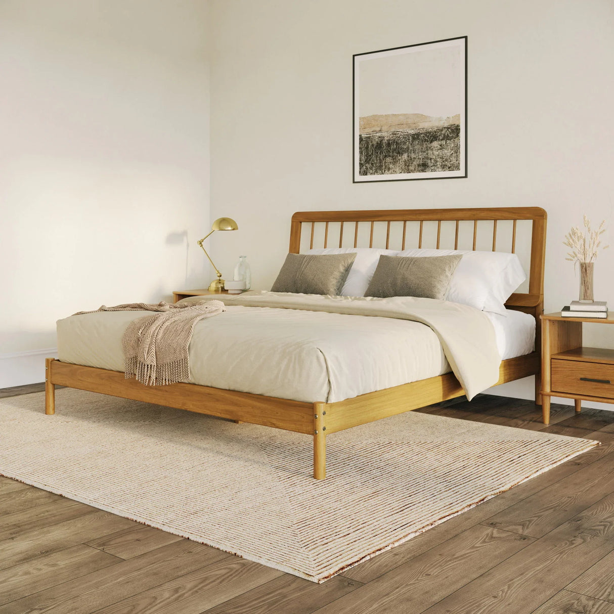 King Spindle Bed Mid Century Modern - Caramel - Furniture Home Direct