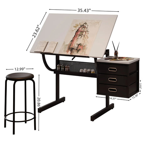 Adjustable Drafting Drawing Table With Stool And 3 Drawers - White / Black - Furniture Home Direct