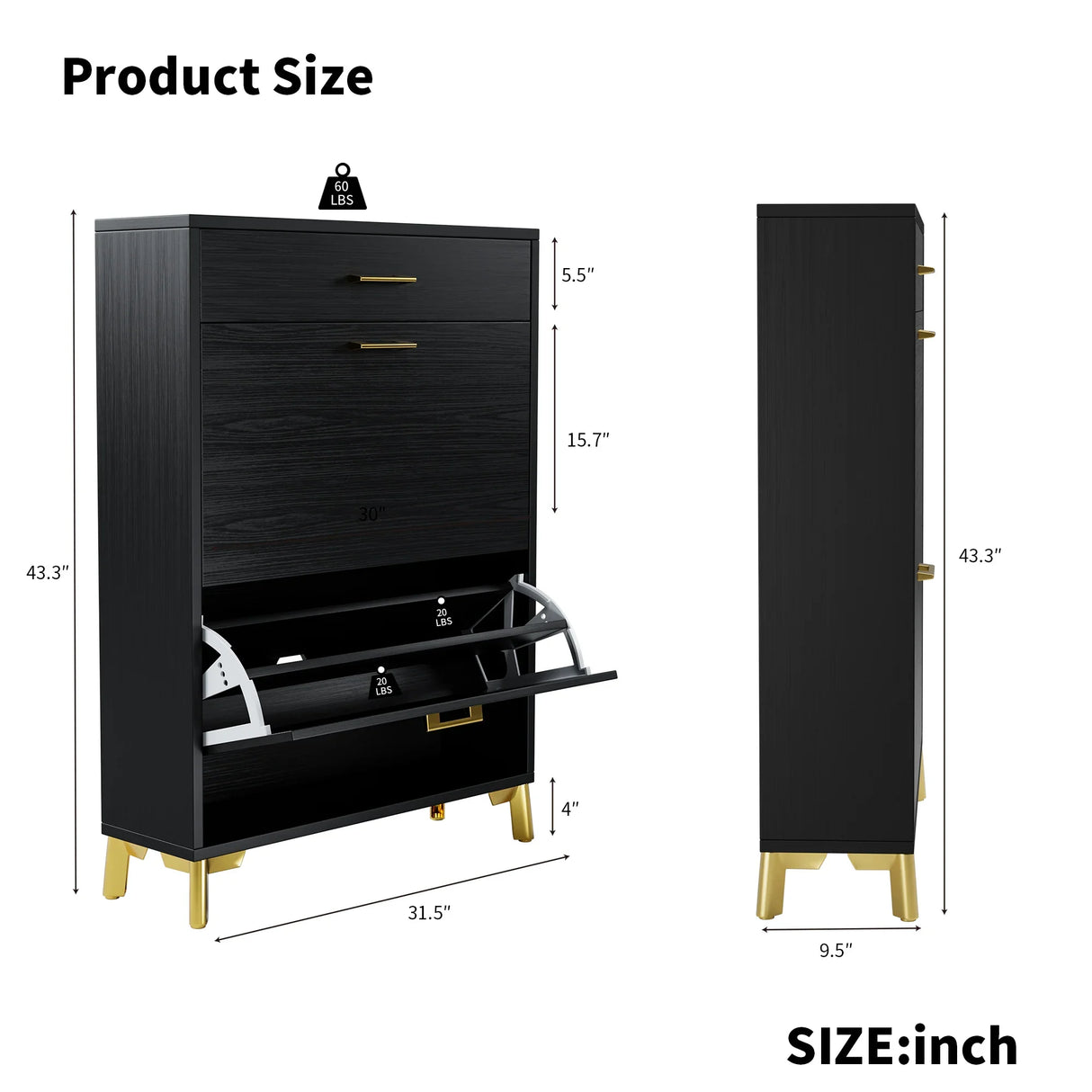 Shoe Storage Cabinet with 2 Flip Drawers - Black - Furniture Home Direct
