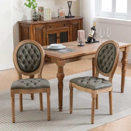 French Style Solid Wood Frame Antique Painting, Hand-Pulled Buckle Decoration PU Artificial Leather Dining Chair With Nailhead Trim, Wood Legs - Furniture Home Direct