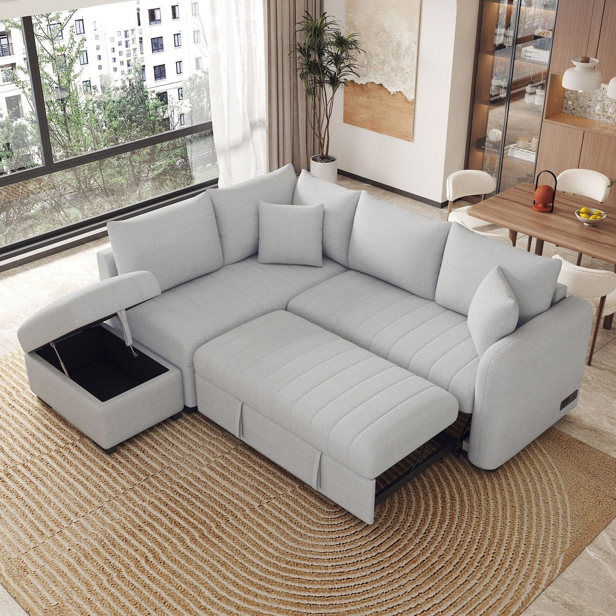 L-Shaped Sectional Pull Out Sofa Bed Sleeper Sofa With Two USB Ports, Two Power Sockets And A Movable Storage Ottoman - Furniture Home Direct
