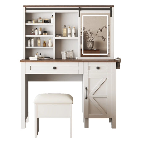 Vanity Desk With Sliding Mirror And LED Lights White - Furniture Home Direct