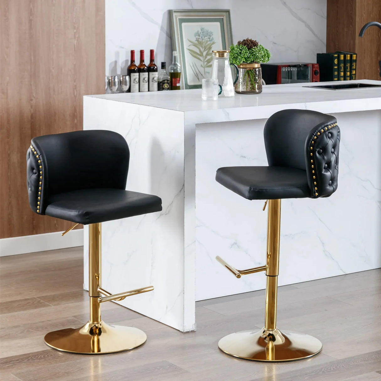Counter Height Bar Stools Tufted PU Leather Swivel Black - Furniture Home Direct