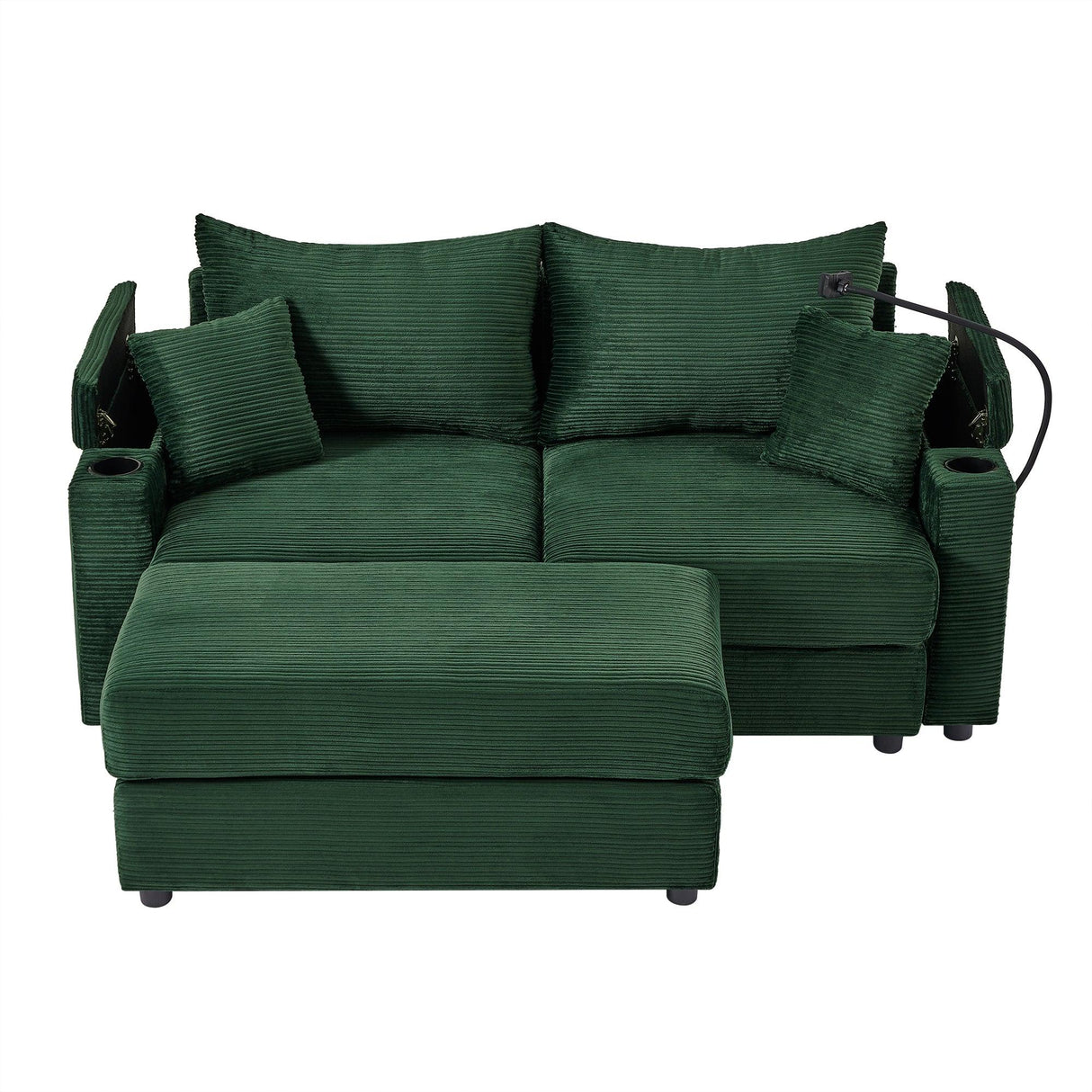Sofa and Ottoman With Storage, Two USB Ports, Two Cup Holders and Phone Holder - Green - Furniture Home Direct