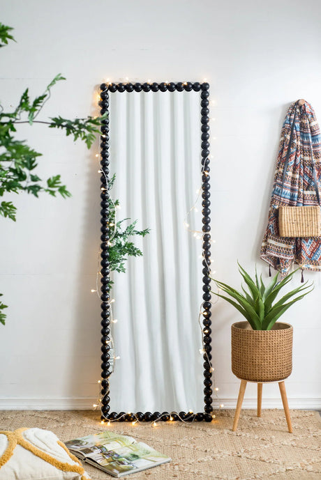 Full Length Mirror With Metal Beaded Frame, Rectangular Oversized Mirror For Living Room Bedroom - Black - Furniture Home Direct