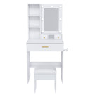 Vanity Table With Mirror, Adjustable LED Lights, Power Outlet, Hairdryer Holder & Stool