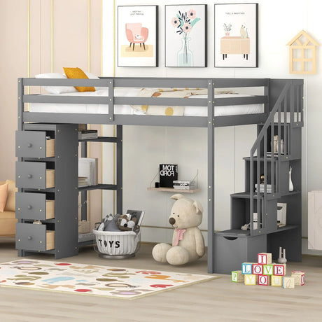 Loft Bed With Storage Drawers And Stairs With Shelves - Furniture Home Direct