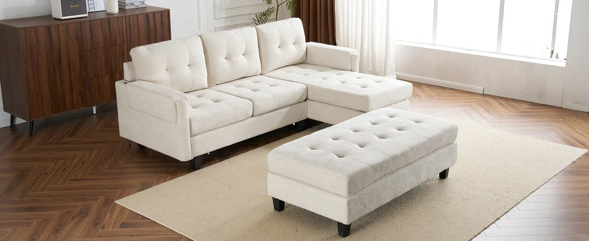Sleeper Sectional Chenille L Shaped With Chaise Beige - Furniture Home Direct