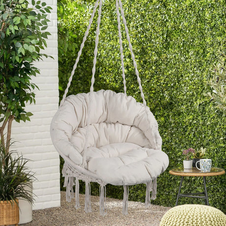 Macrame Hanging Hammock Chair With Cushion, Cotton Rope Swing For Indoor And Outdoor Use, 330 Lbs Capacity - Beige - Furniture Home Direct