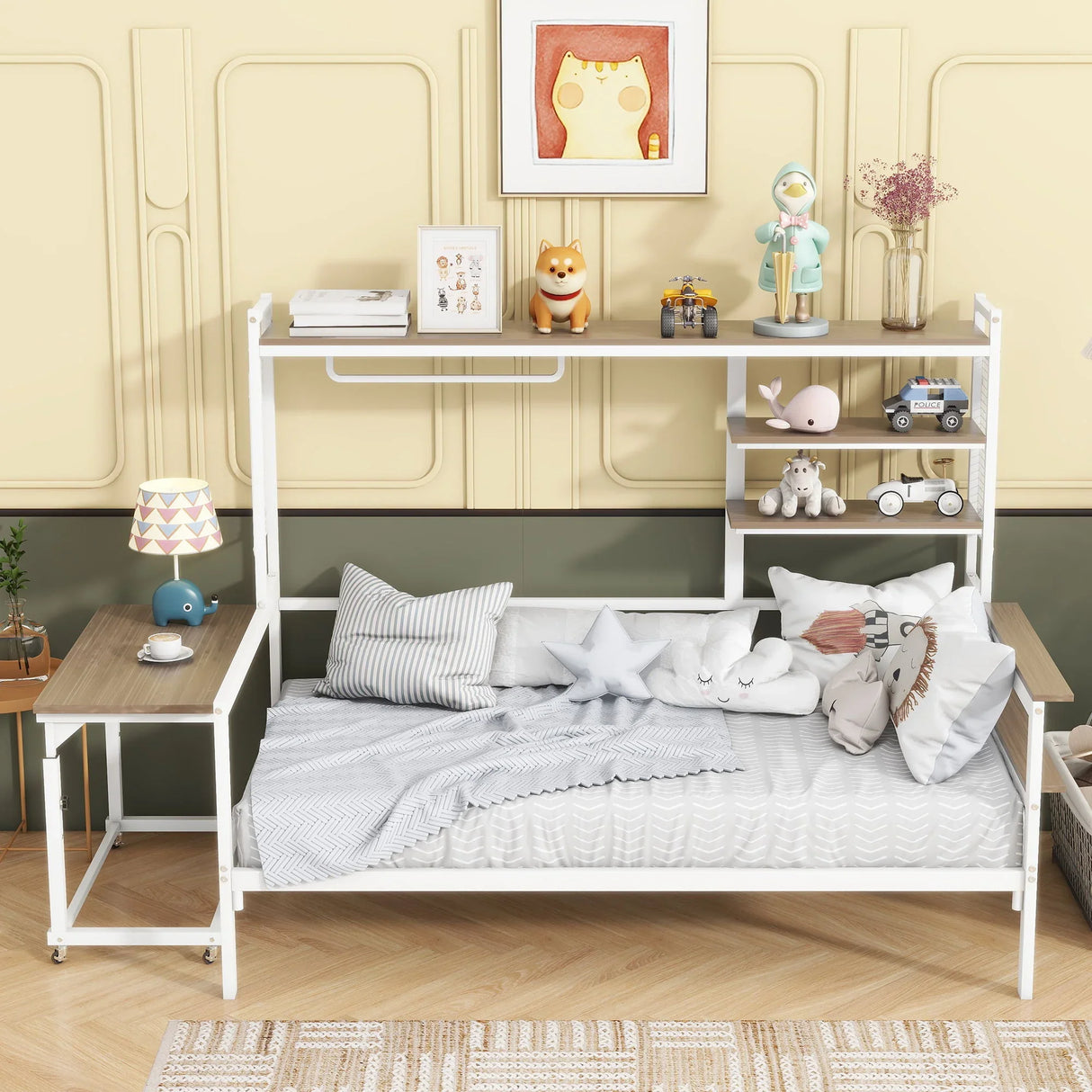 Daybed With Movable Desk, Grid, Shelves And Clothes Hanger - Furniture Home Direct