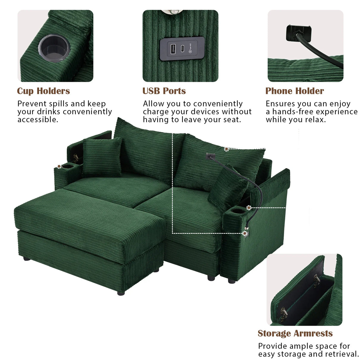 Sofa and Ottoman With Storage, Two USB Ports, Two Cup Holders and Phone Holder - Green - Furniture Home Direct