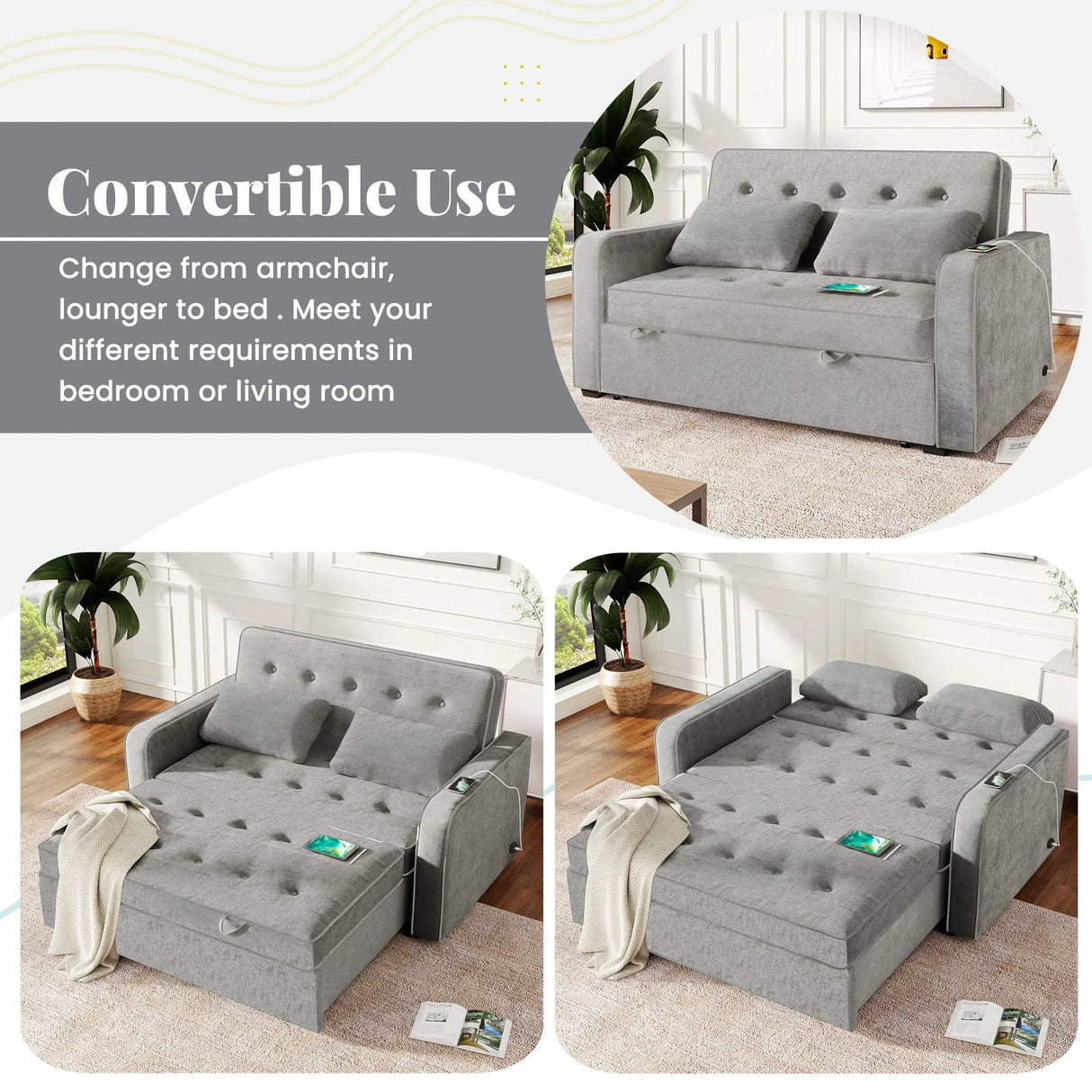 66.5" Upholstered Loveseat With Pull Out Bed, Two Throw Pillows, Dual USB Charging Port and Adjustable Backrest - Light Gray - Furniture Home Direct