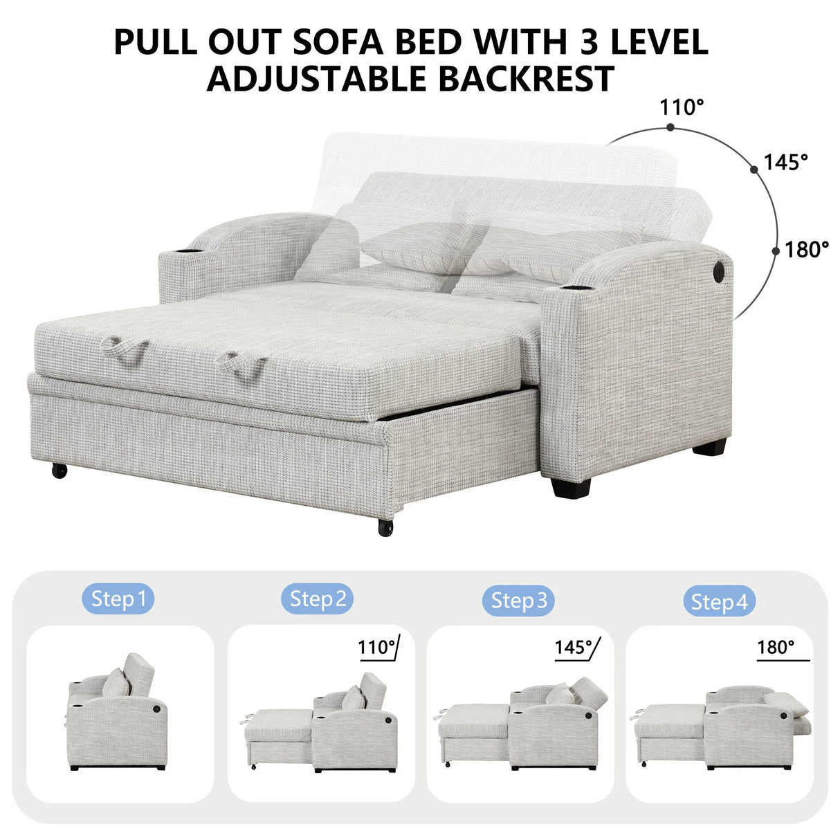 Pull Out Loveseat Sofa With Adjsutable Backrest, 2 Pillows, Cup Holders, USB Ports For Living Room - Furniture Home Direct