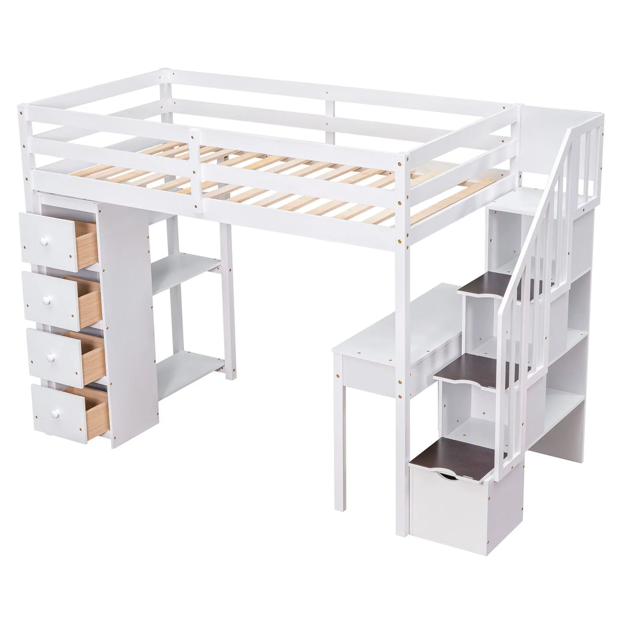 Loft Bed With Storage Drawers, Desk And Stairs With Shelves - Furniture Home Direct
