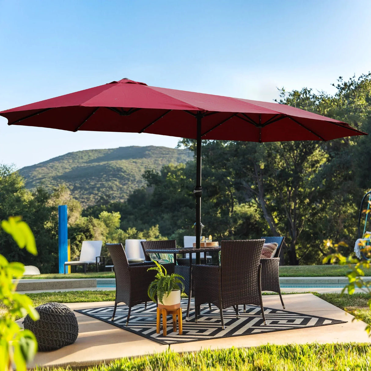 Double- Sided Outdoor Market Umbrella With Lights And Base - Furniture Home Direct