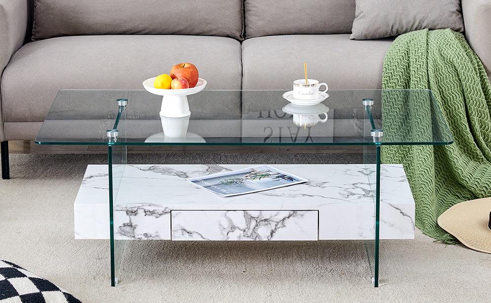 Coffee Table Glass Top Marble Base Modern Style White - Furniture Home Direct