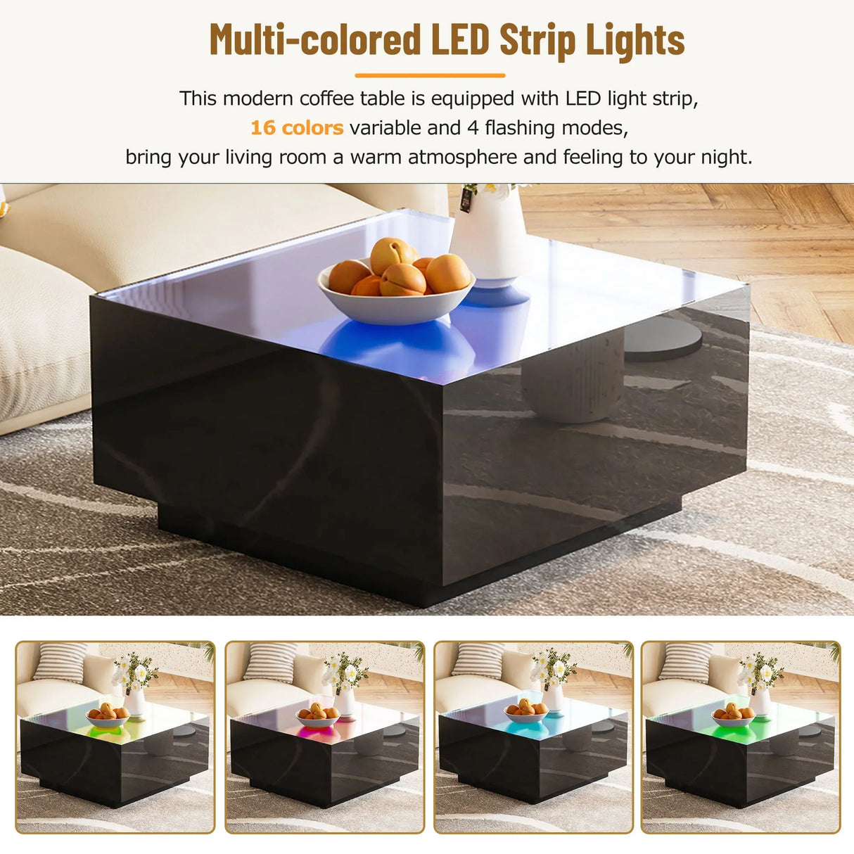 Square High Glossy Coffee Table With 16 Color Led Strip Lights, Modern Center Table With 5Mm Frosted Tempered Glass Top For Living Room - Furniture Home Direct