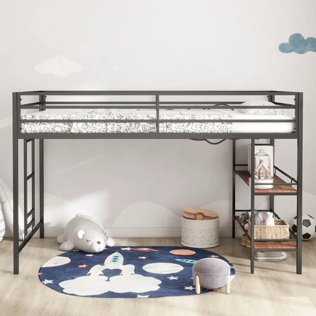 Adam - Junior Twin Loft Bunk Bed With Cinnamon Wood Shelf - Black - Furniture Home Direct