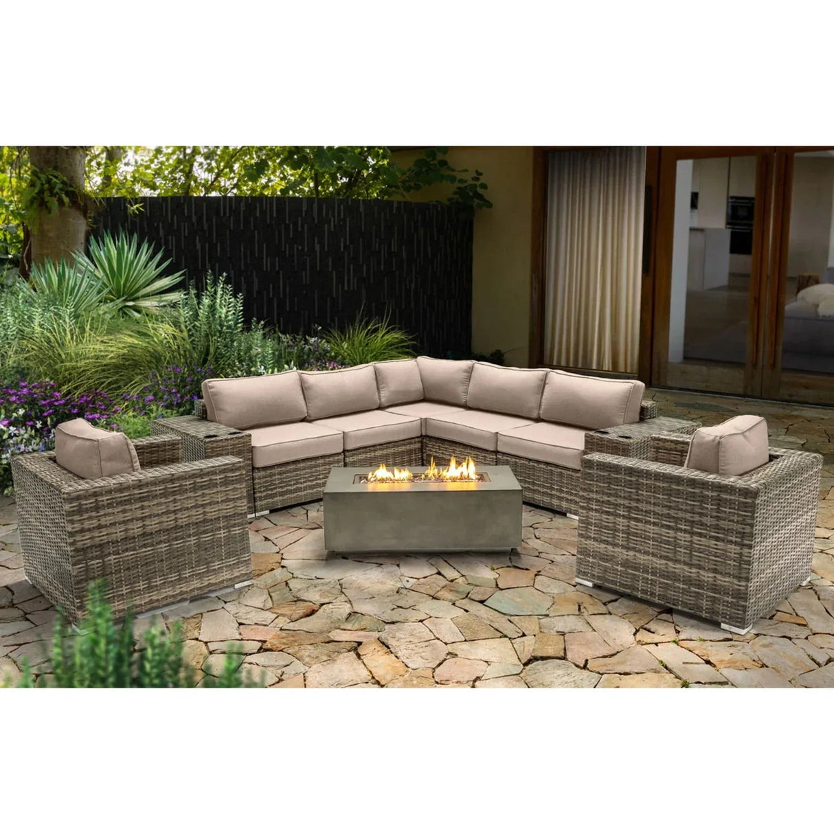 Rattan Wicker Patio Set With Cushions And Concrete Fire Pit - Furniture Home Direct