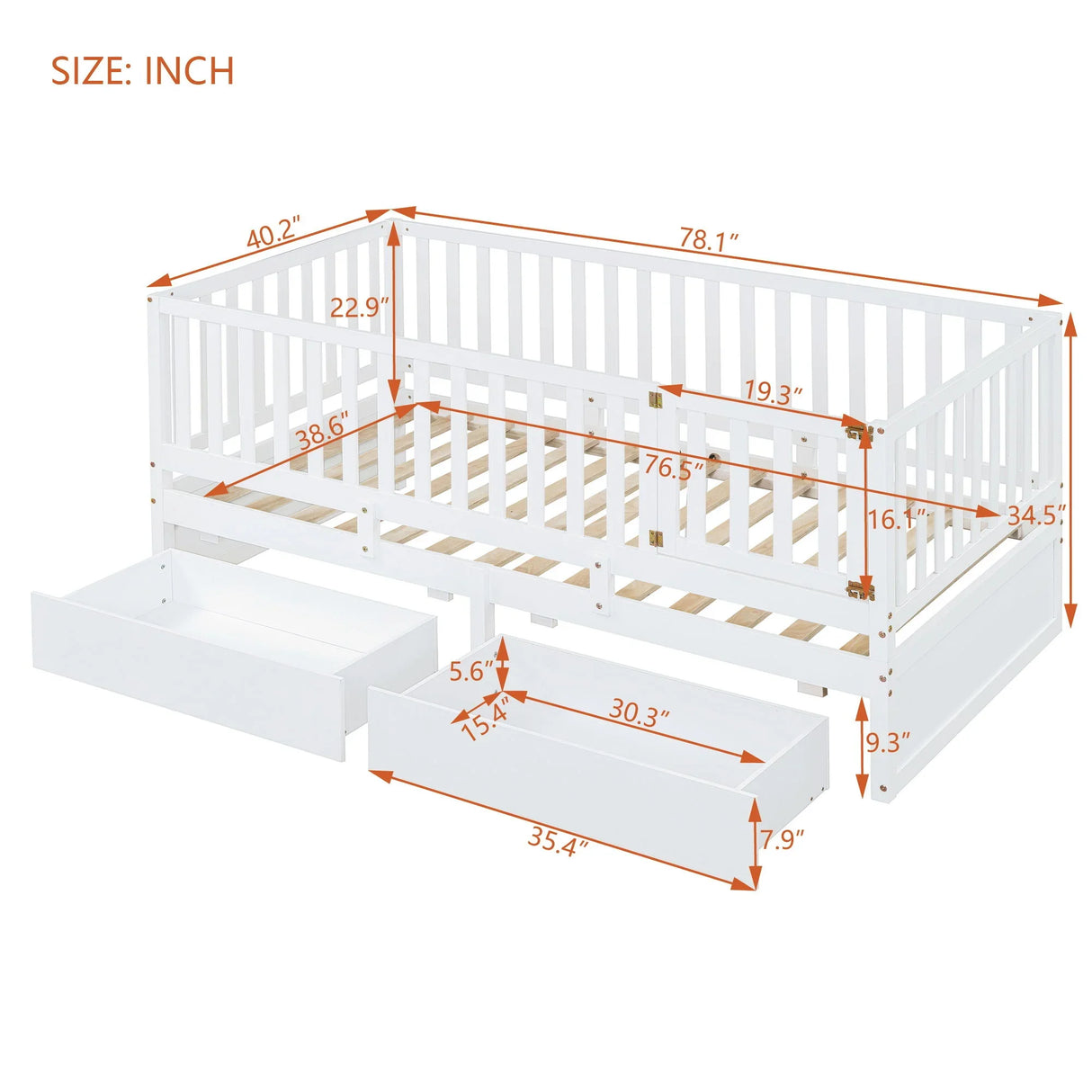 Daybed With Fence Guardrails And 2 Drawers, Split Into Independent Floor Bed & Daybed - Furniture Home Direct