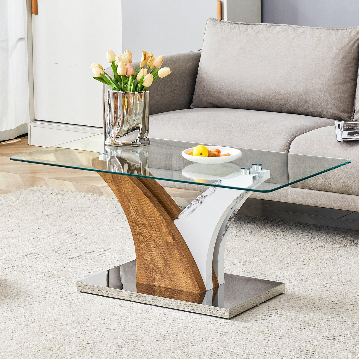 Coffee Table Glass Top With Wooden Base Modern Brown - Furniture Home Direct