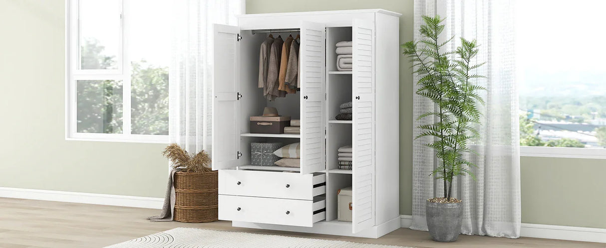 3 Shutter Door Wardrobe Armoire Closet with 2 Drawers, White - Furniture Home Direct